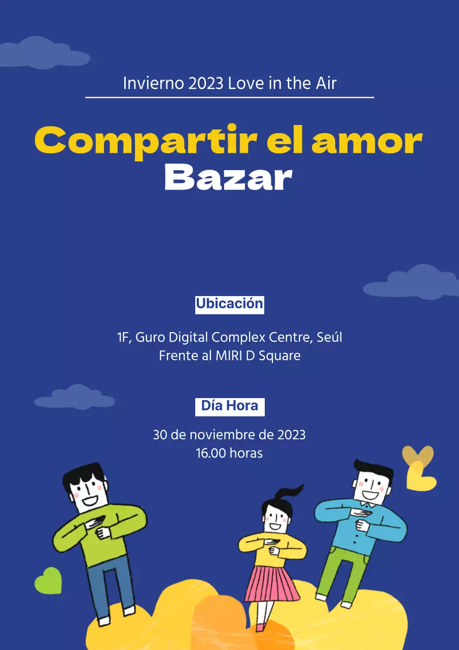 Un bonito cartel de venta benéfica de pasteles en azul.