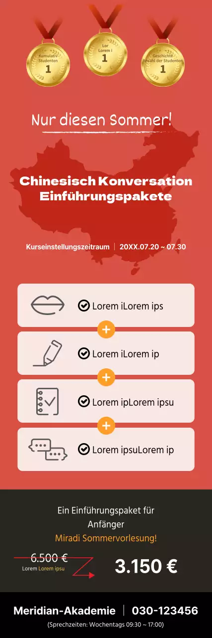 X-Banner für eine Schule, die für ein Einführungspaket für chinesische Konversation wirbt, mit einer Kartendarstellung in Rot.