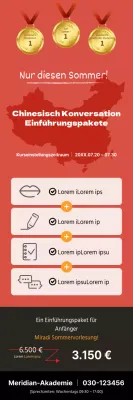 X-Banner für eine Schule, die für ein Einführungspaket für chinesische Konversation wirbt, mit einer Kartendarstellung in Rot.