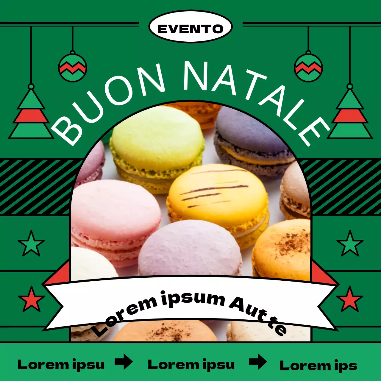 Sconto in preordine sui macarons illustrati dalle linee pulite nei toni rosso-verdi del Natale