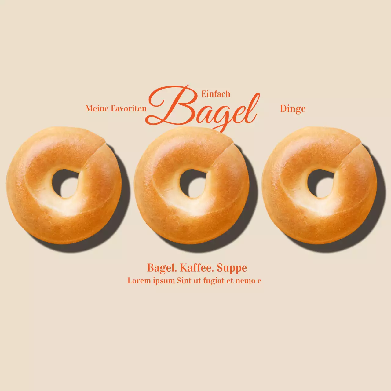 Werbung für ein Café mit einem Foto von einem Bagel mit einem emotionalen Konzept in Beige und Rot.