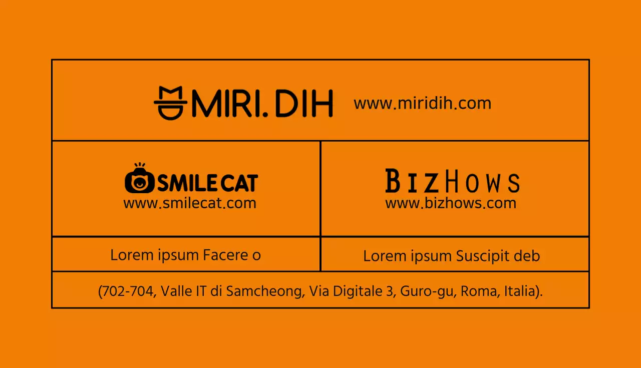 Biglietto da visita di design con un design semplice caratterizzato da testo e linee arancioni e nere