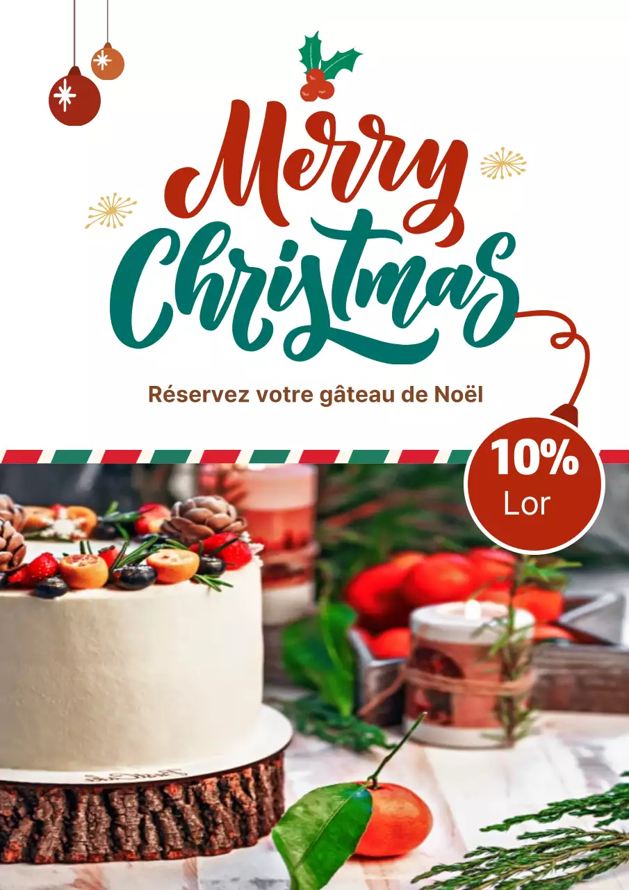 Promouvoir une réduction de pré-réservation pour un anniversaire avec une photo d'un gâteau de Noël rouge et vert.