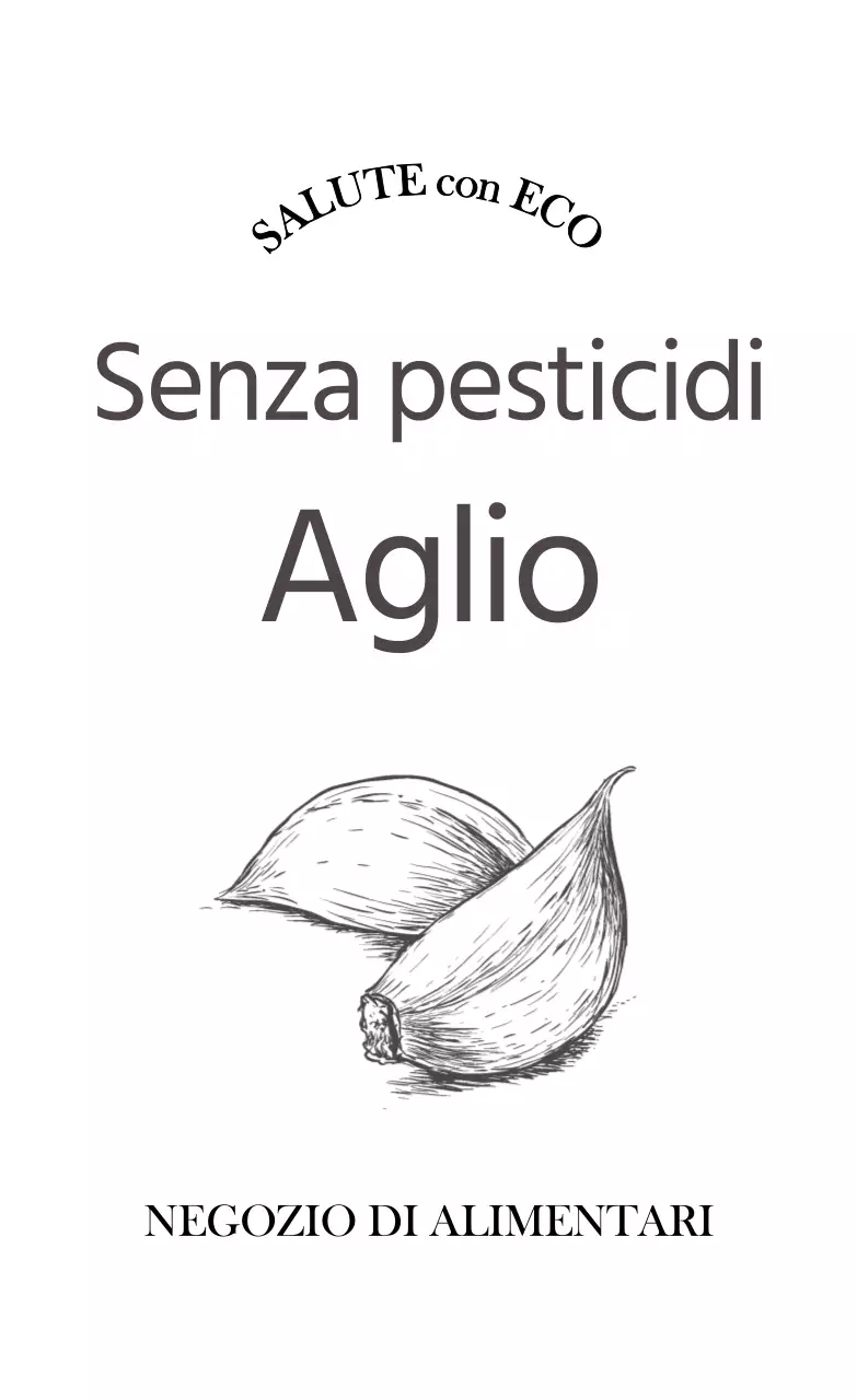 Promuovere la certificazione di assenza di pesticidi con un testo grigio scuro e un'illustrazione di aglio.
