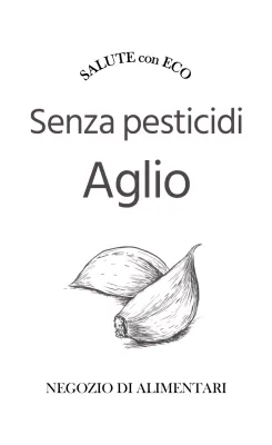 Promuovere la certificazione di assenza di pesticidi con un testo grigio scuro e un'illustrazione di aglio.
