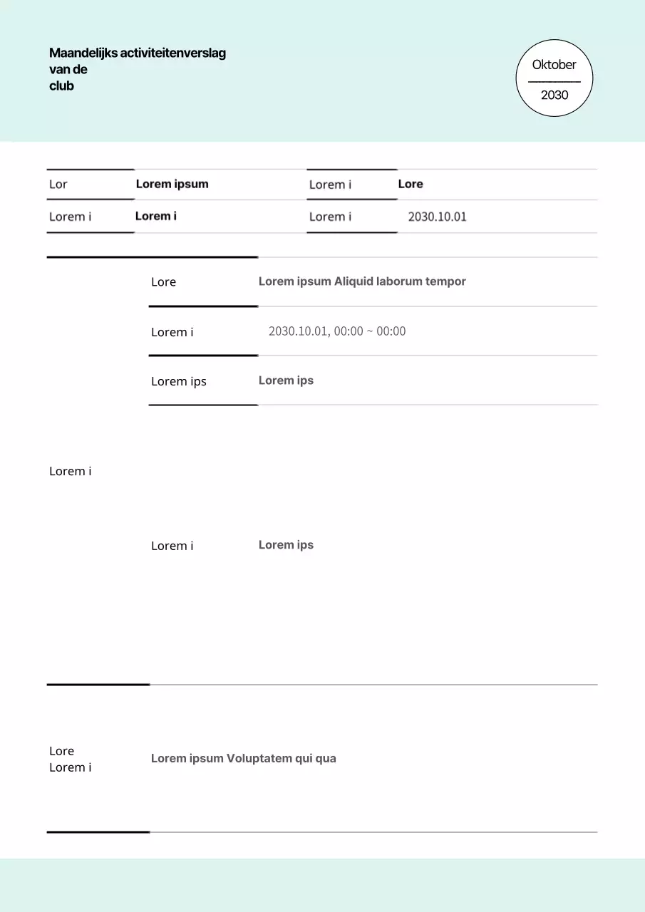Een eenvoudig wit en mint clubactiviteitenverslag