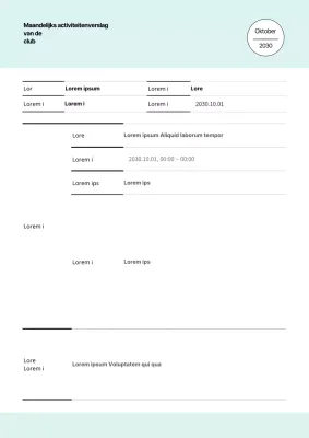 Een eenvoudig wit en mint clubactiviteitenverslag