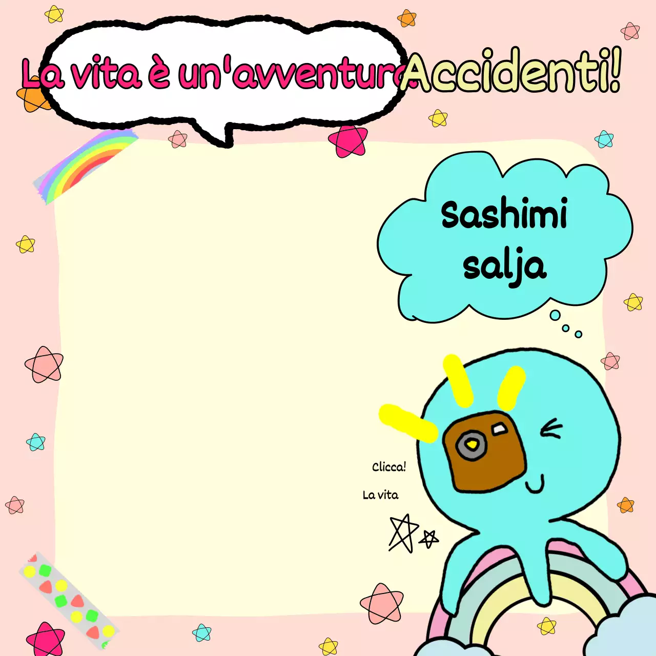 Un divertente scarabocchio con uno sfondo rosa e il personaggio di un polpo azzurro.