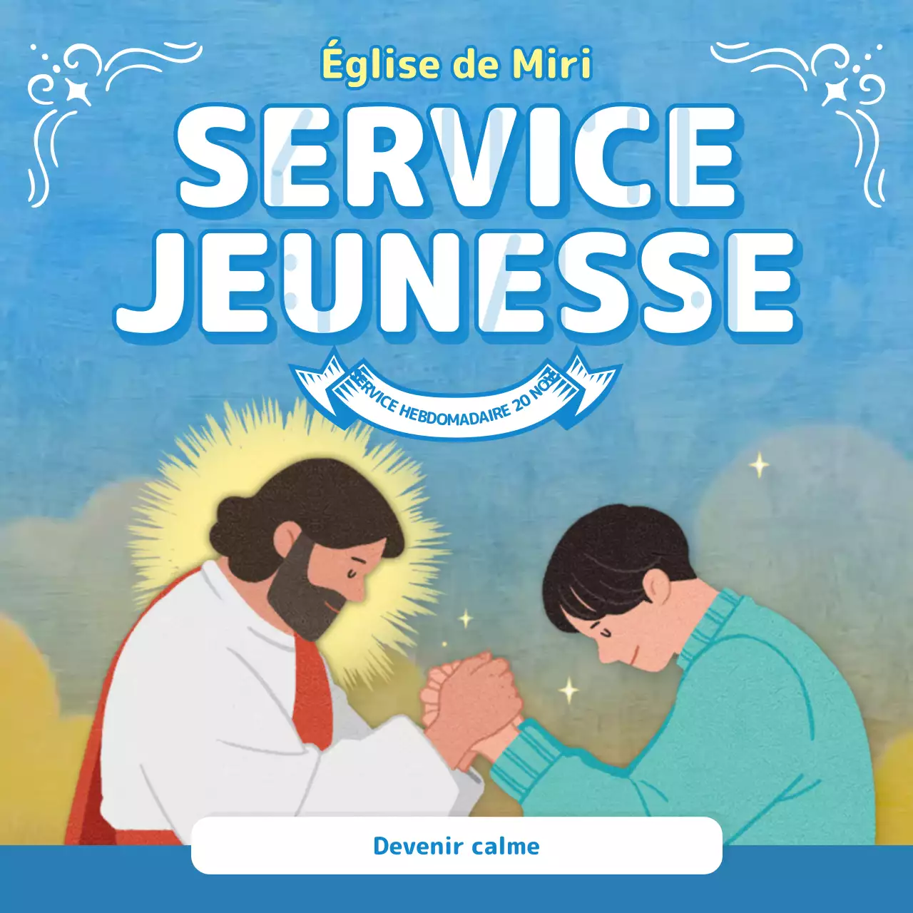 Bulletin de culte dans les tons bleu clair avec des illustrations chrétiennes