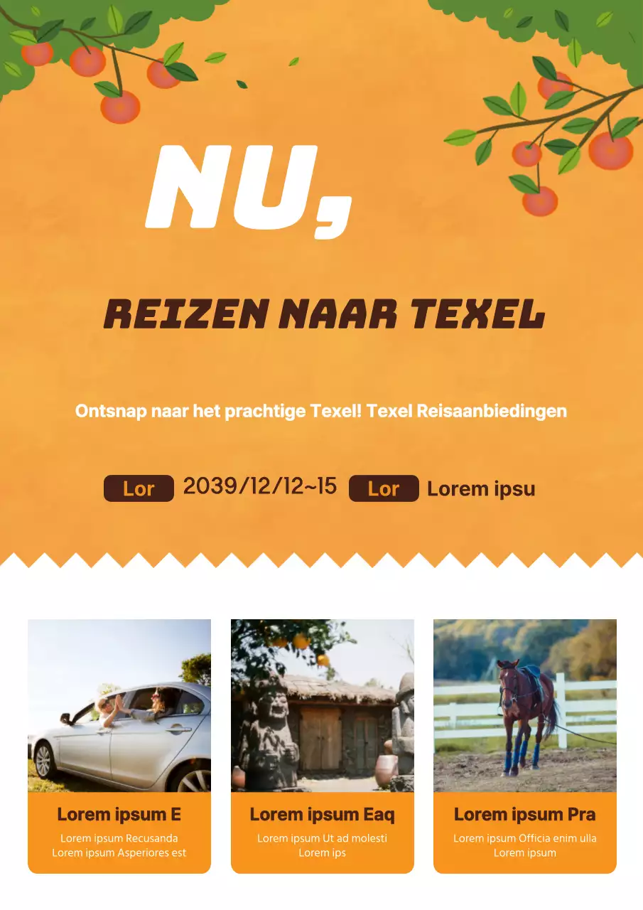 Oranje en witte flyer ter promotie van een aanbieding van een reisbureau met korting