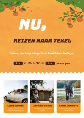 Oranje en witte flyer ter promotie van een aanbieding van een reisbureau met korting