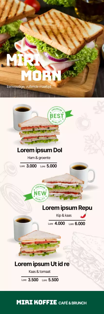 Schoon restaurant sandwich menu met groene foto markering