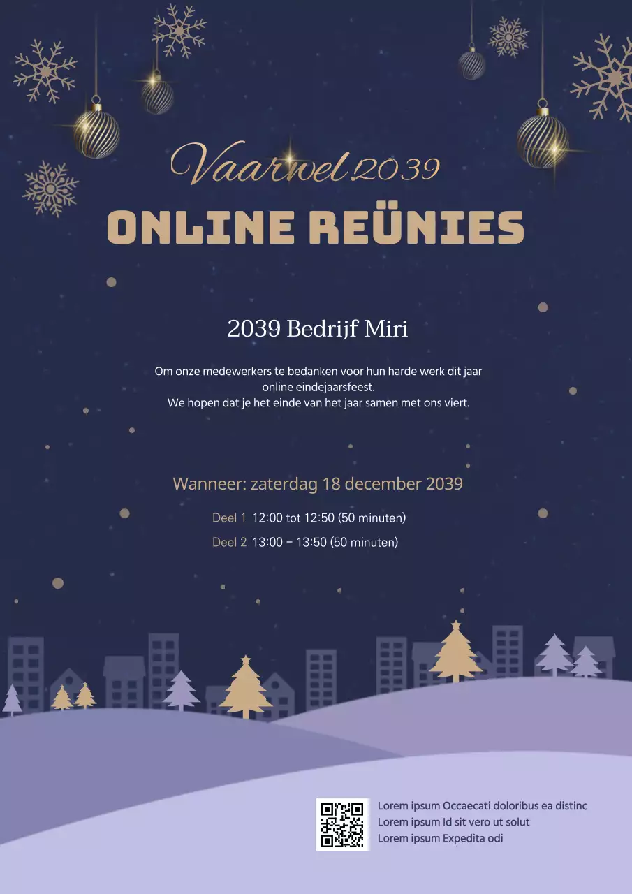 Marineblauw en goud Miri Company online eindejaarsfeest poster aankondiging uitnodiging