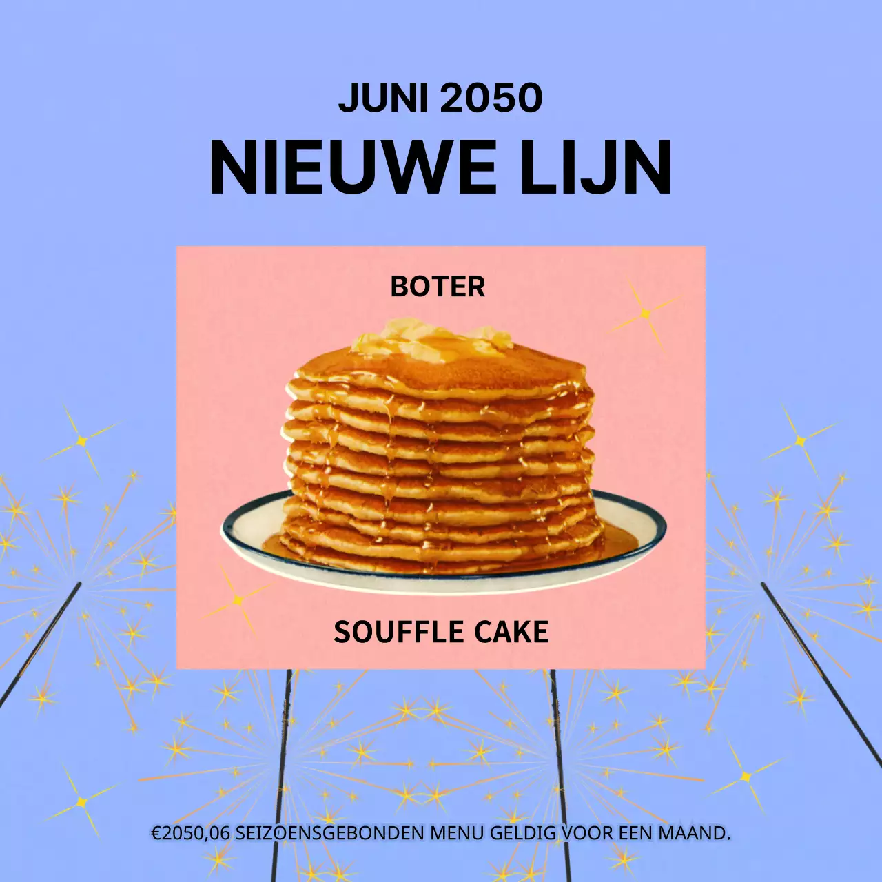 Het seizoensmenu van het café in lichtblauw en roze