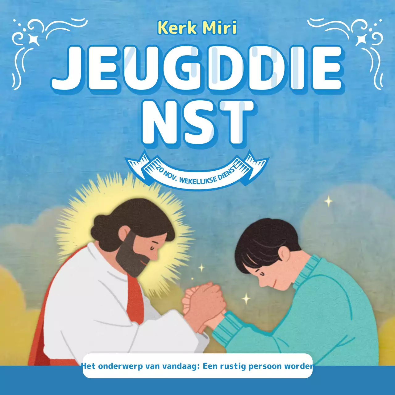 Aanbiddingsbulletin in lichtblauwe tinten met christelijke illustraties