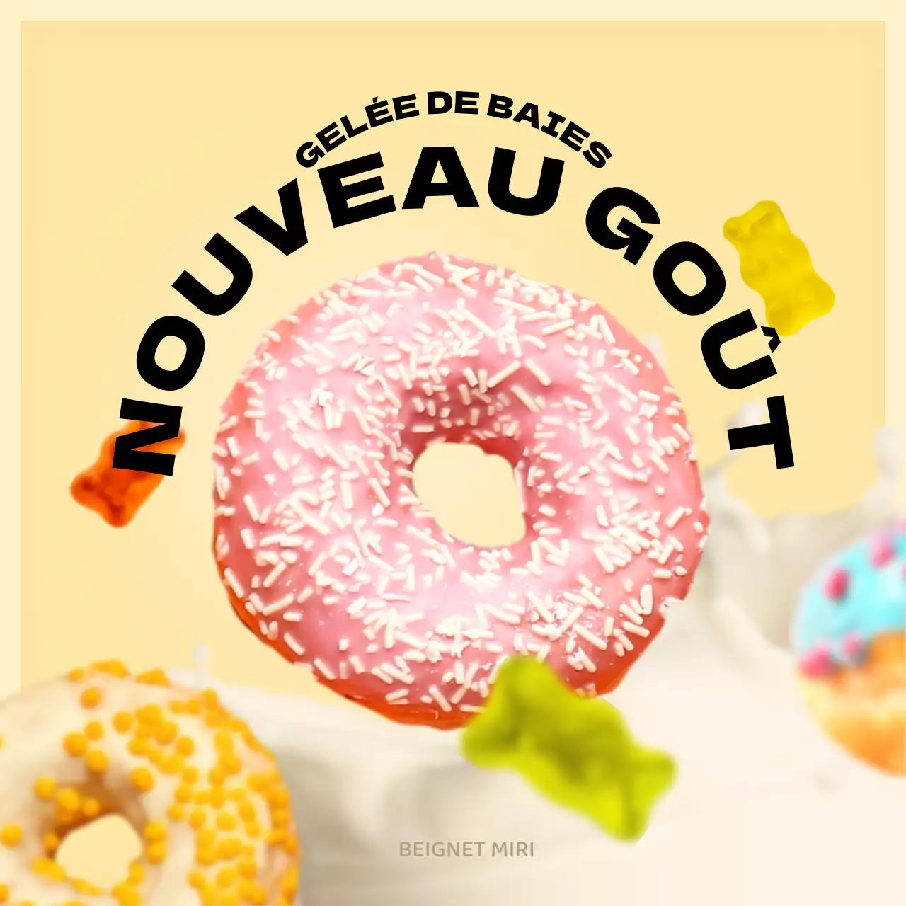 Nouveaux beignets jaunes et roses sur la carte