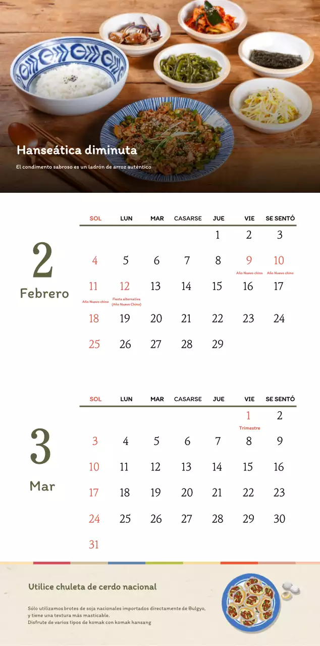 Concepto de restaurante coreano tradicional calendario de cupones en beige y marrón