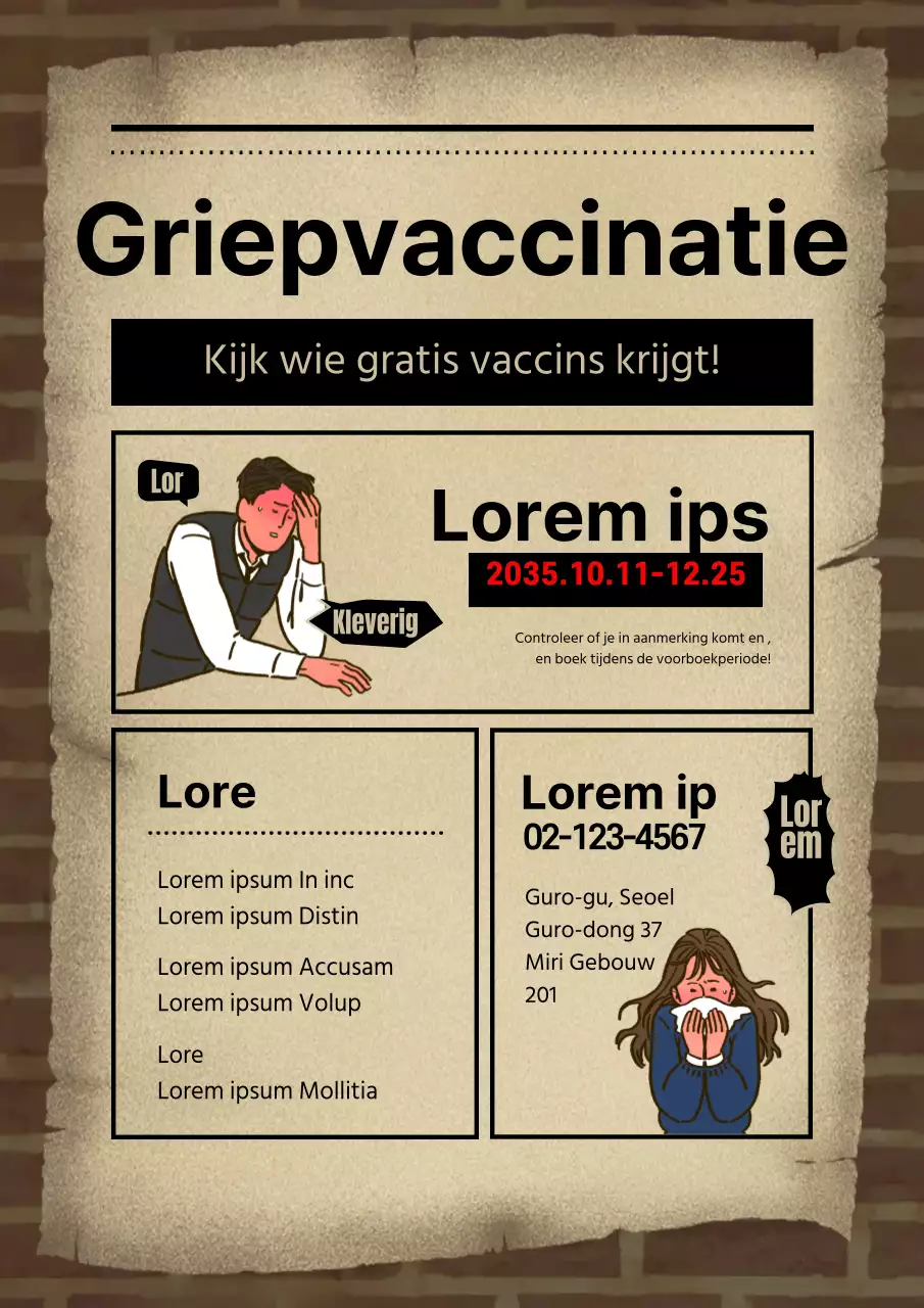 Cartoon concept ziekenhuis vaccinatie gids met bruine bakstenen achtergrond en papier textuur illustraties van zieke mensen