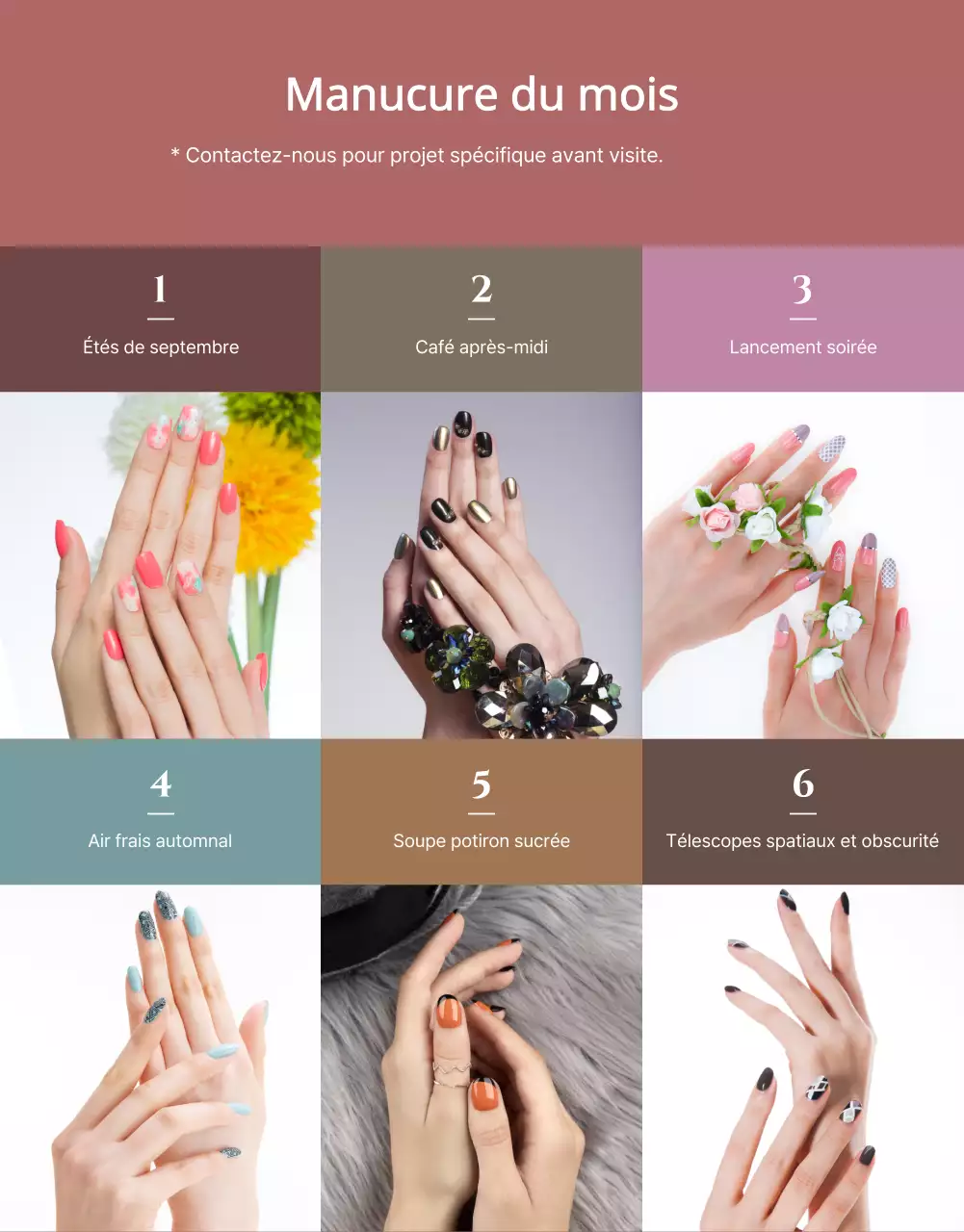 Thème promotionnel d'un salon de manucure au concept épuré, avec des tons de rose séché.