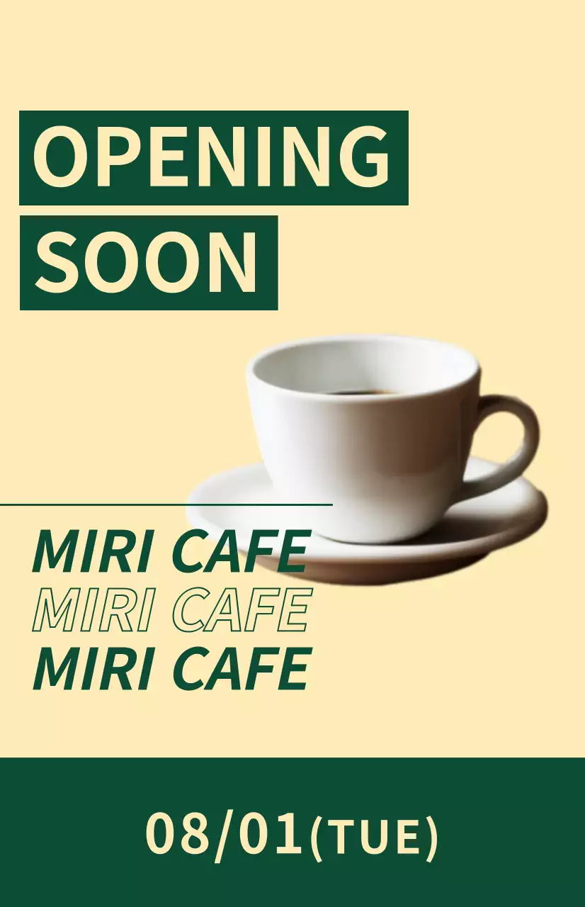 淡い黄色と緑色の背景のコーヒーアイコンが入ったオープン予定ウィンドウフラグ