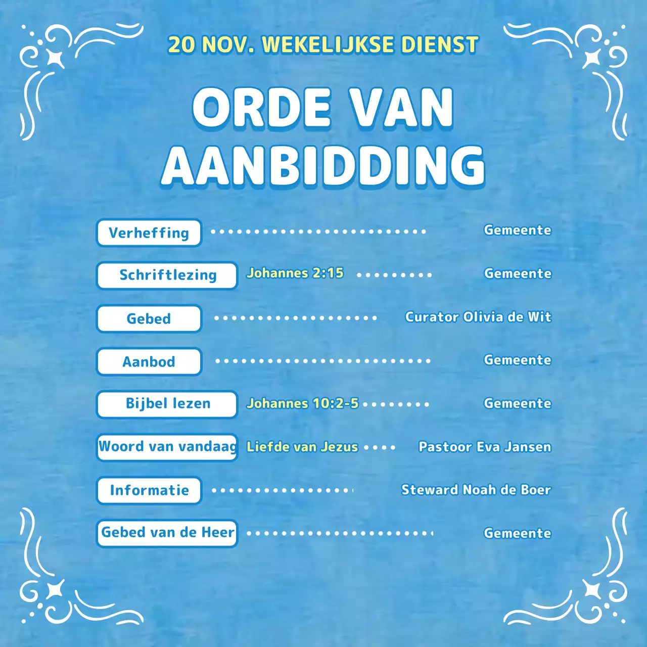 Aanbiddingsbulletin in lichtblauwe tinten met christelijke illustraties