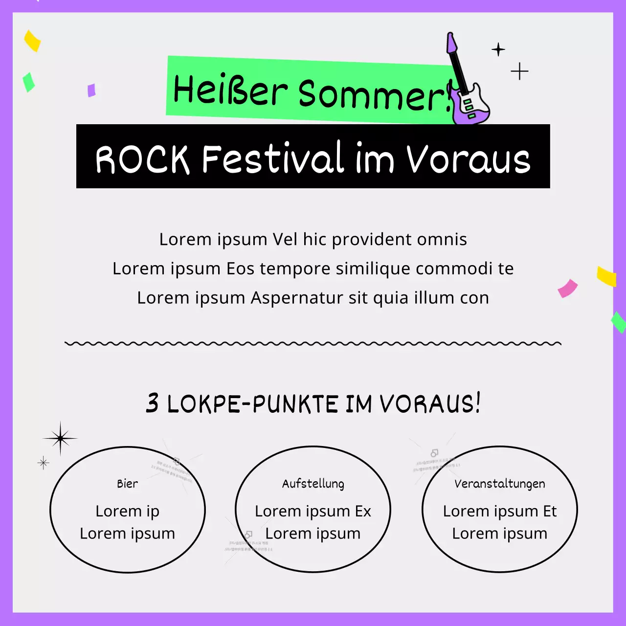 Sommerfestival-Rockband-Festivalführer mit klobigen, niedlichen und einzigartigen Illustrationen in Lila und fluoreszierendem Chartreuse.