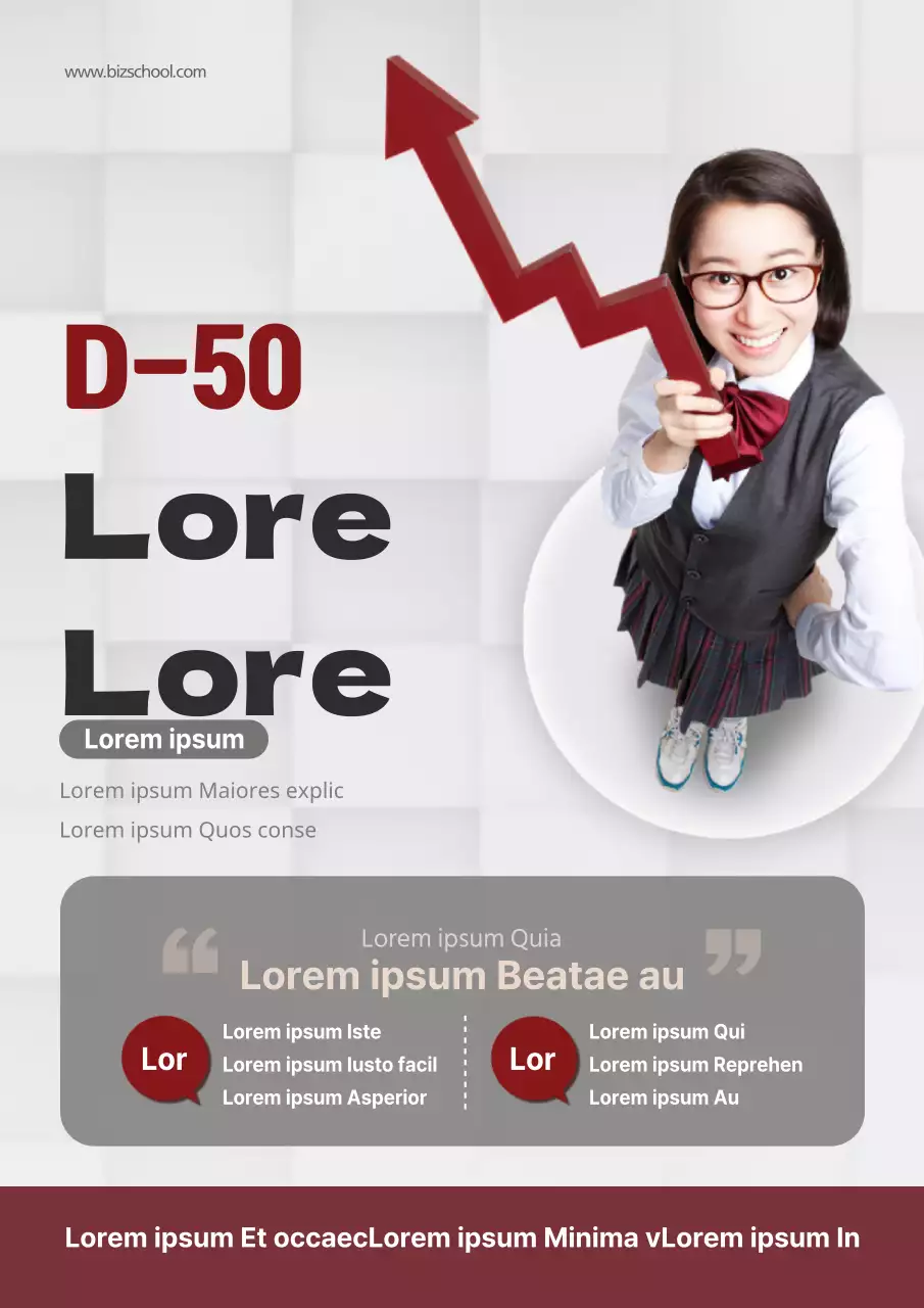 Ein modernes, rot-graues Faltblatt für eine Schule zur Vorbereitung auf die Aufnahmeprüfung.