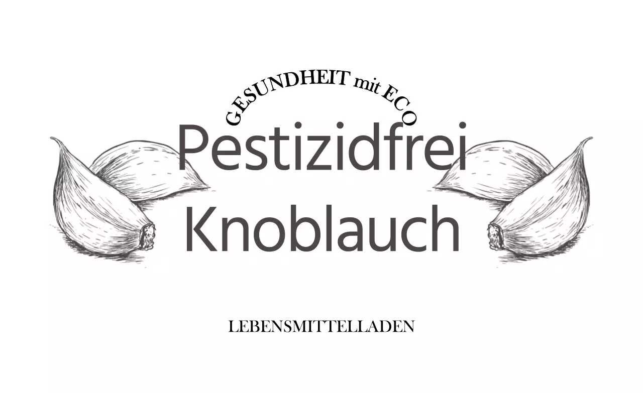 Werbung für die pestizidfreie Zertifizierung mit dunkelgrauem Text und einer Abbildung von Knoblauch