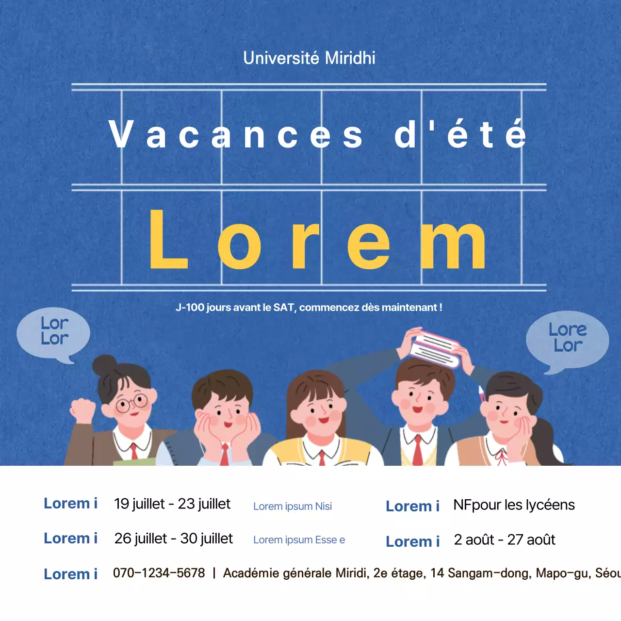 Une bannière carrée avec une illustration bleue pour promouvoir une école d'été pour les SATs.