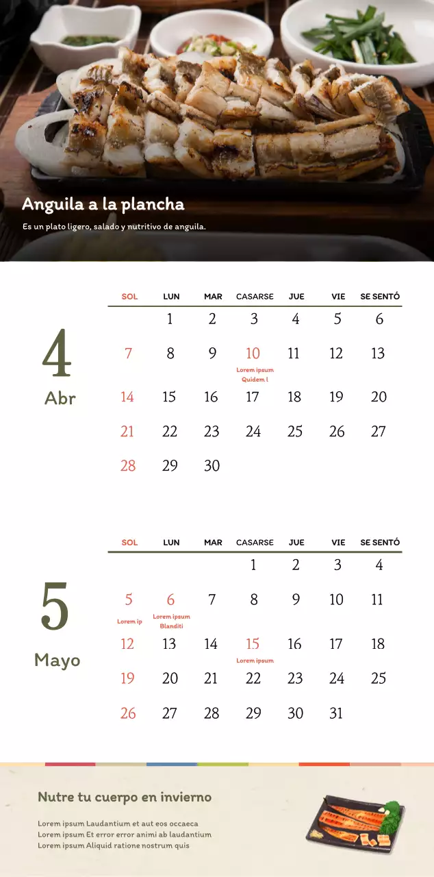 Concepto de restaurante coreano tradicional calendario de cupones en beige y marrón