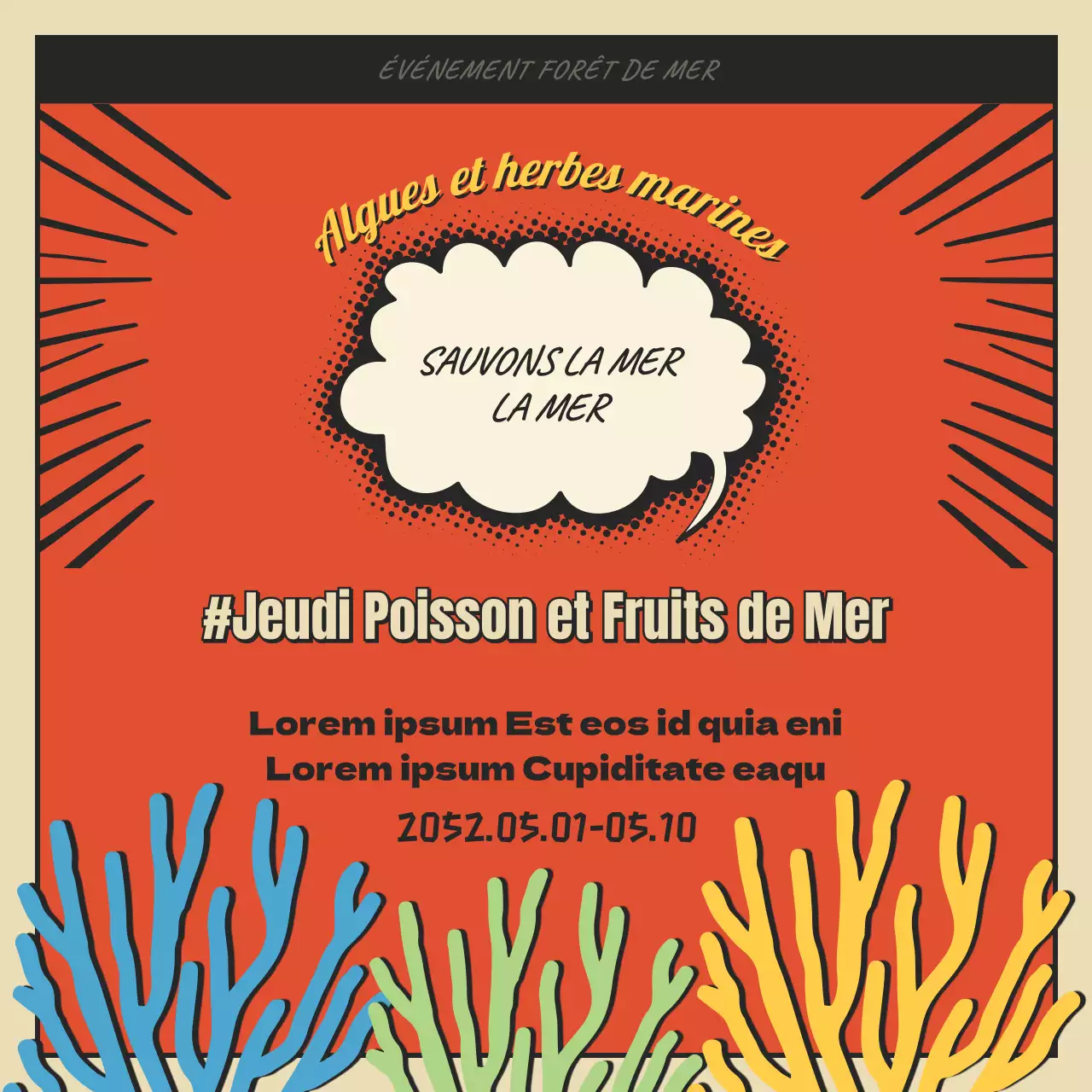 Concept caricatural de forêt marine et d'algues en rouge et noir