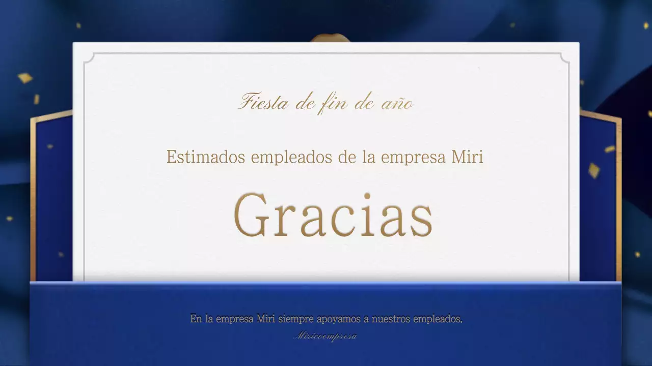 Una invitación dorada y azul marino a una fiesta de fin de año con una orden de servicio ceremonial