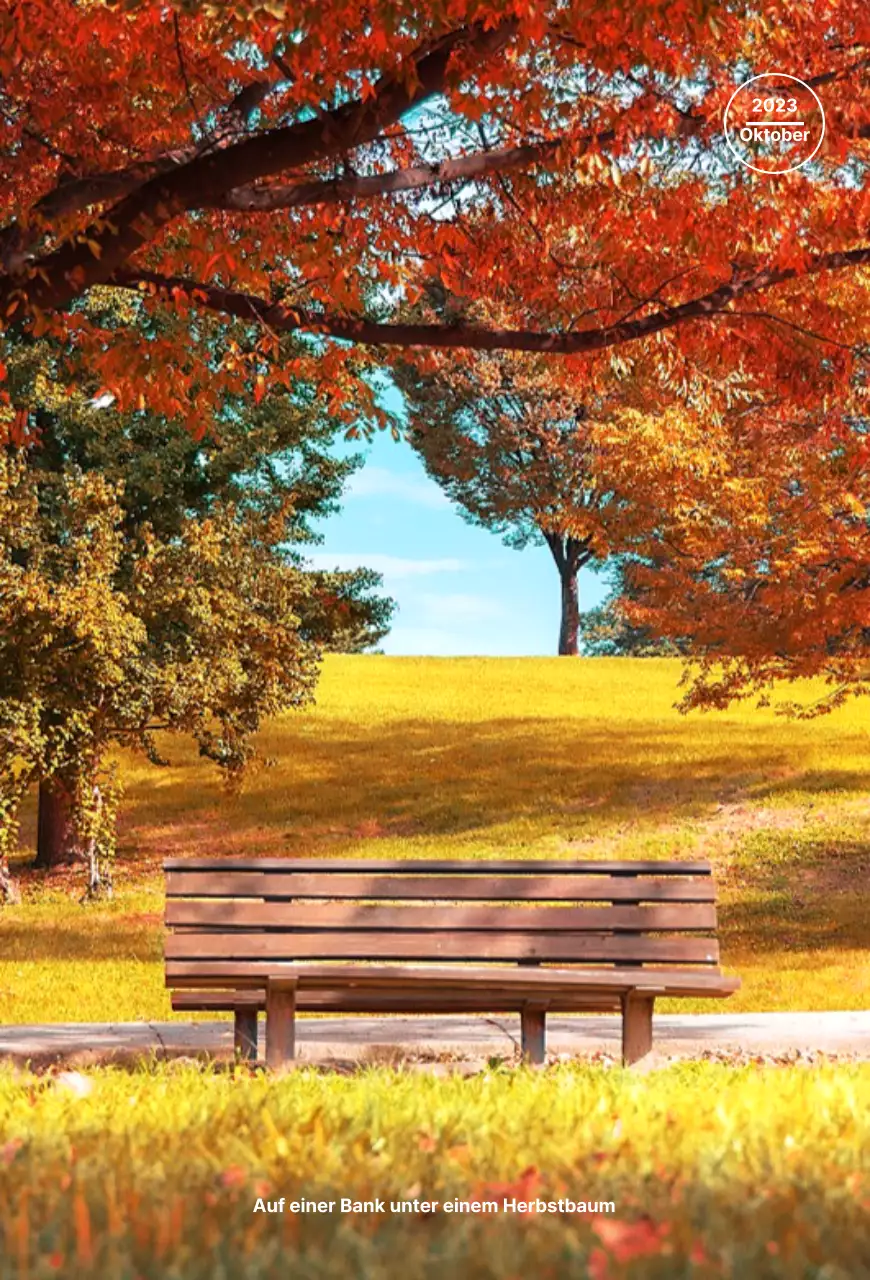 Herbstlicher Park mit gelben und roten Blättern und Bänken