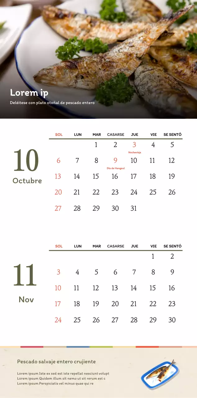 Concepto de restaurante coreano tradicional calendario de cupones en beige y marrón