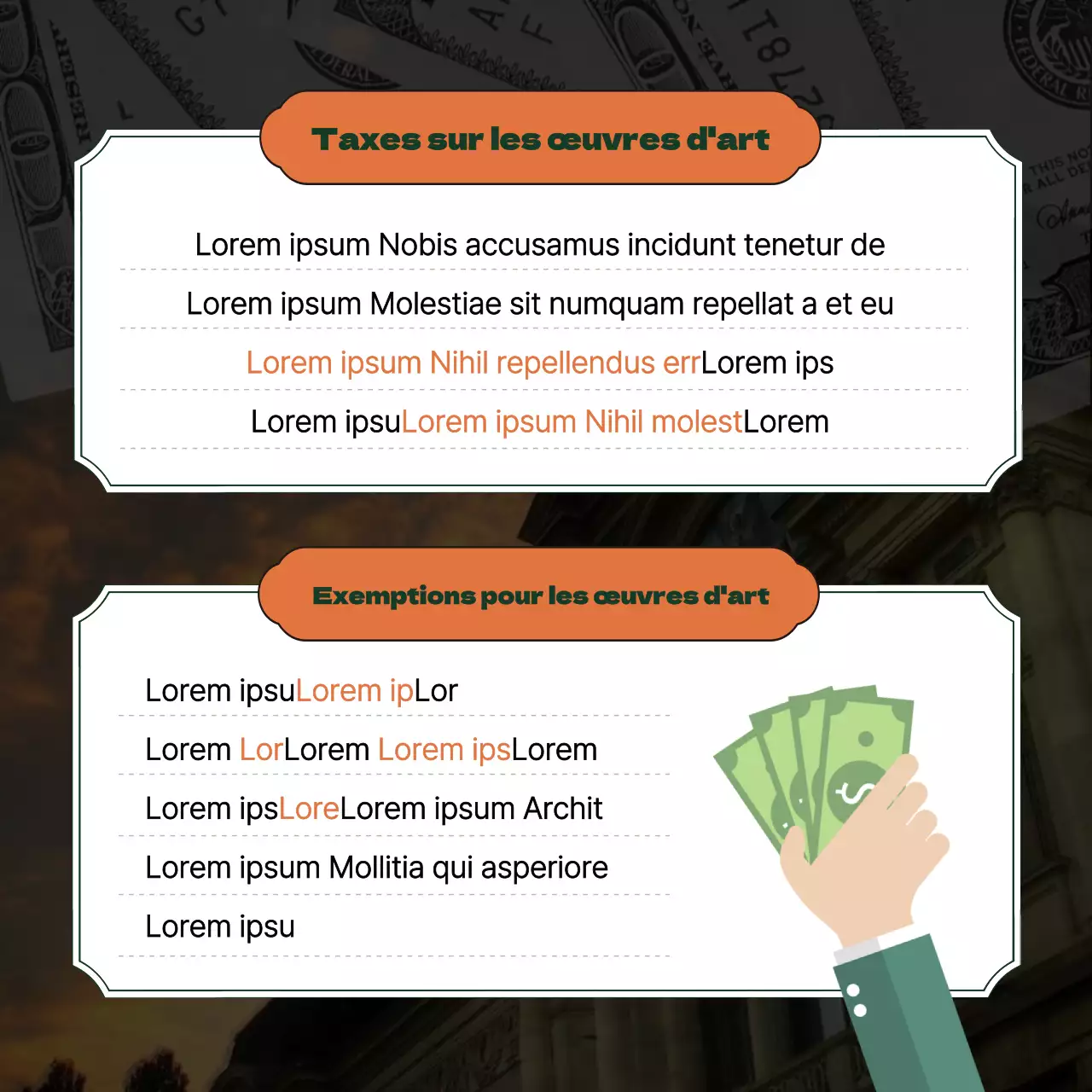 Les luxueuses illustrations orange et vertes d'ArtTech fournissent des informations sur les investissements et la fiscalité.