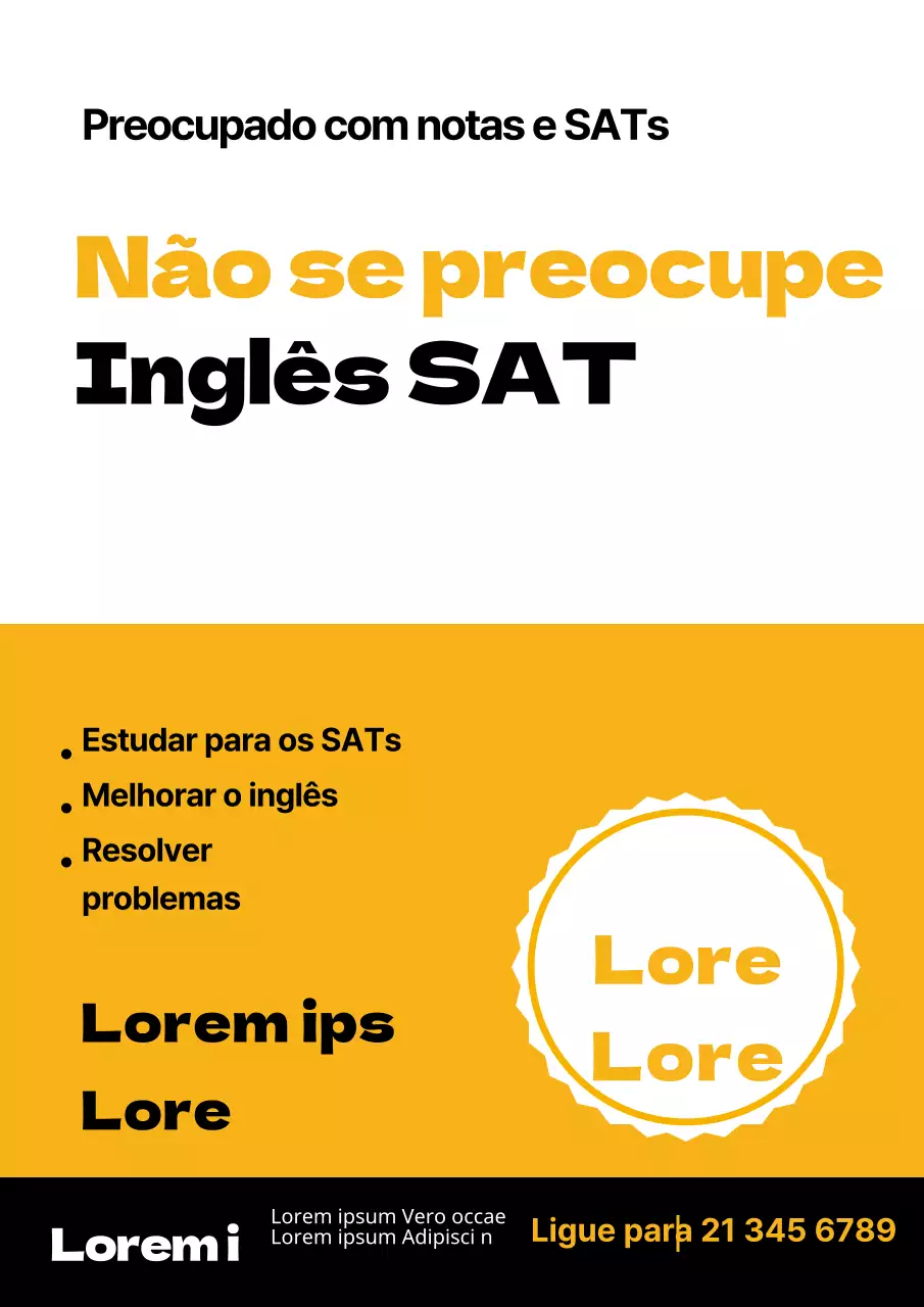 Folheto simples em amarelo e preto para uma escola de inglês