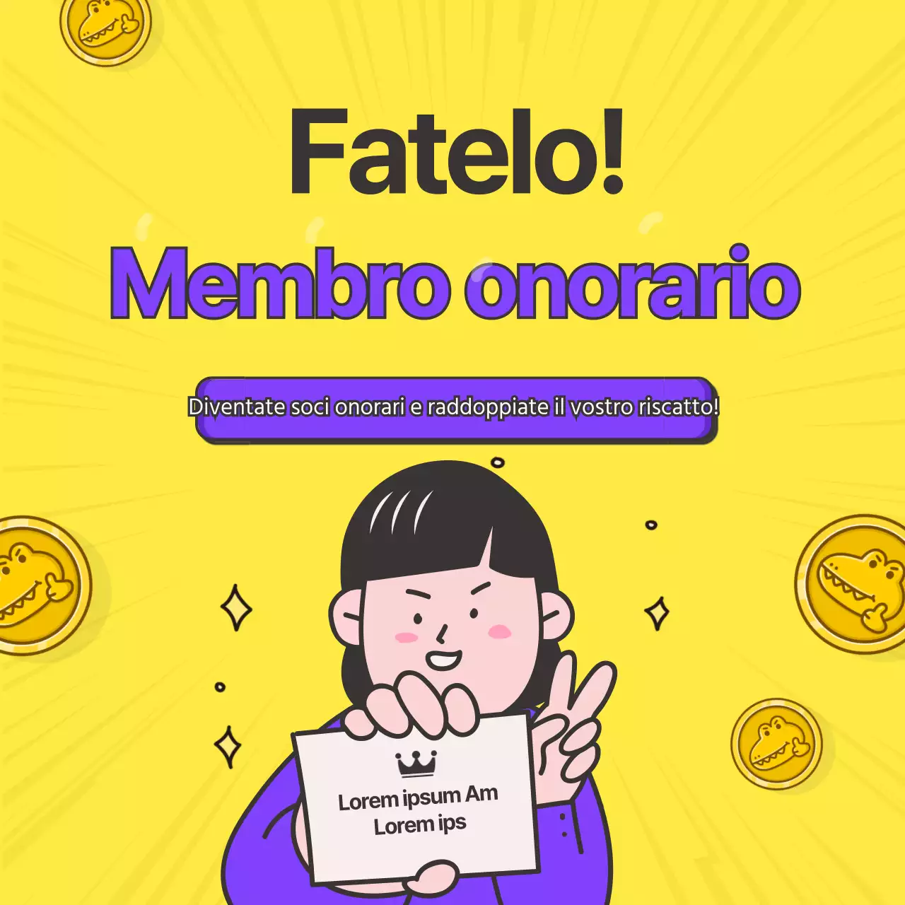 Sfondo giallo Membro onorario Effetti forti Banner divertente con moneta volante