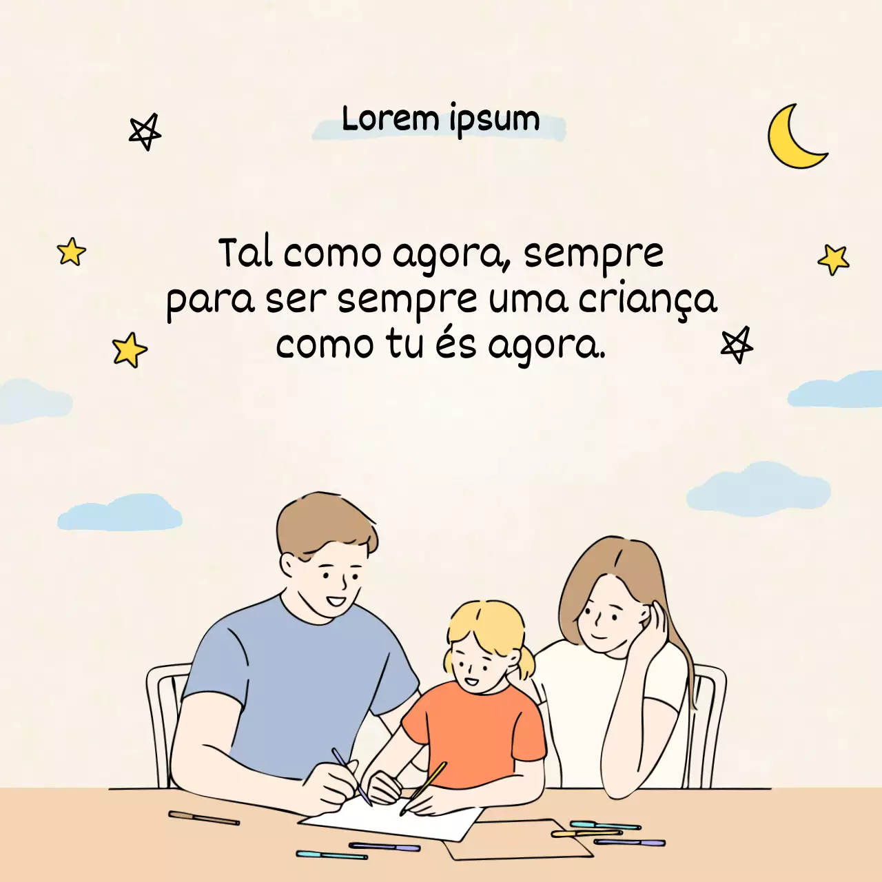 Texto "Feliz Dia da Criança" sobre um fundo bege