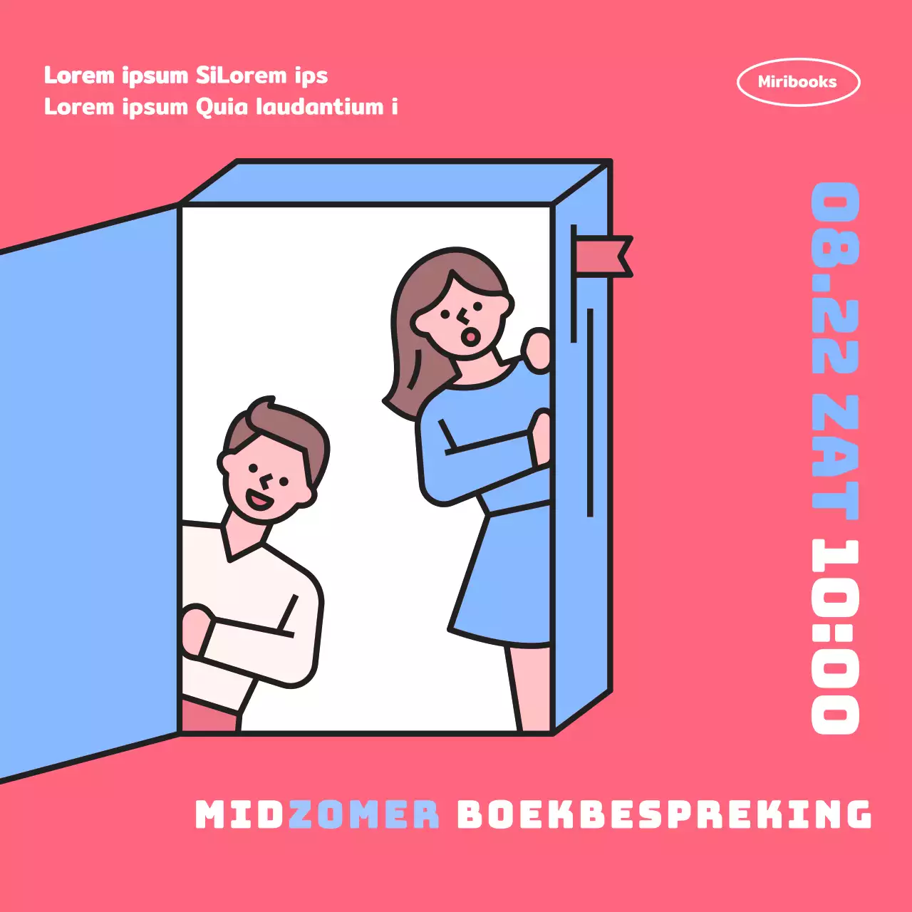 Een eenvoudige, roze, geïllustreerde Booktalk-promotie