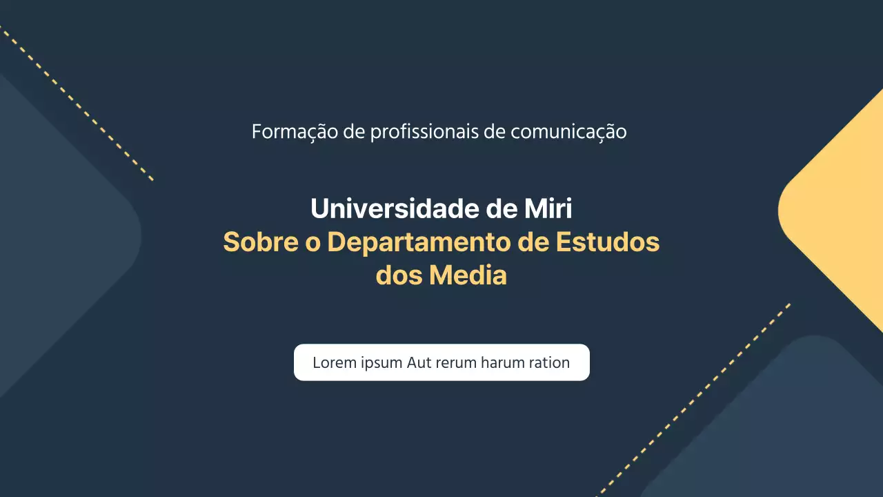 Uma apresentação simples de introdução ao departamento de relações públicas da universidade, em azul-marinho e amarelo