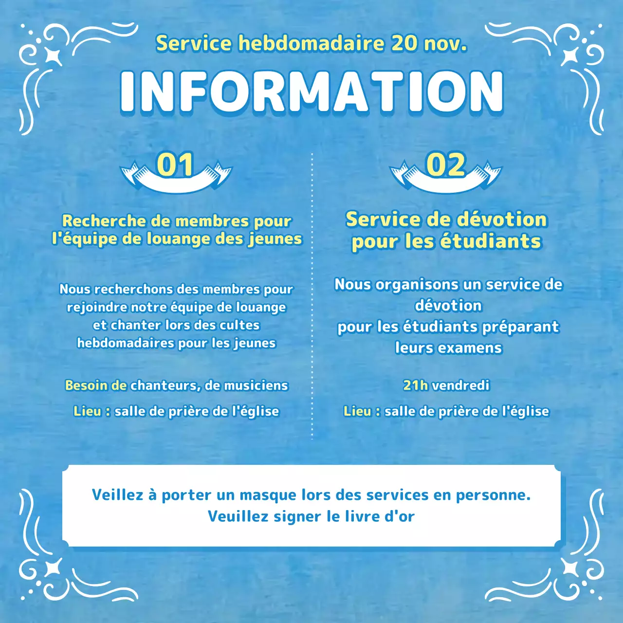 Bulletin de culte dans les tons bleu clair avec des illustrations chrétiennes