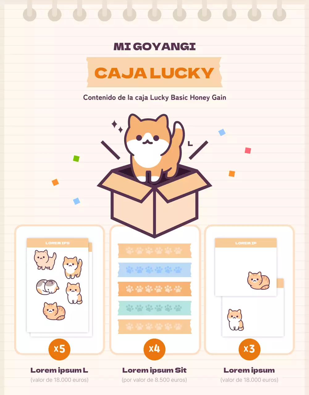 Presentamos la bonita caja aleatoria de papelería naranja y beige Cat Daku