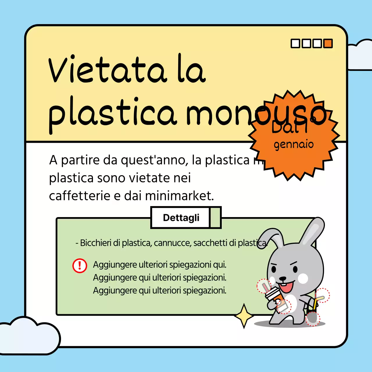 Presentiamo i cambiamenti della politica di quest'anno con un simpatico coniglietto in una combinazione di colori blu e verde.