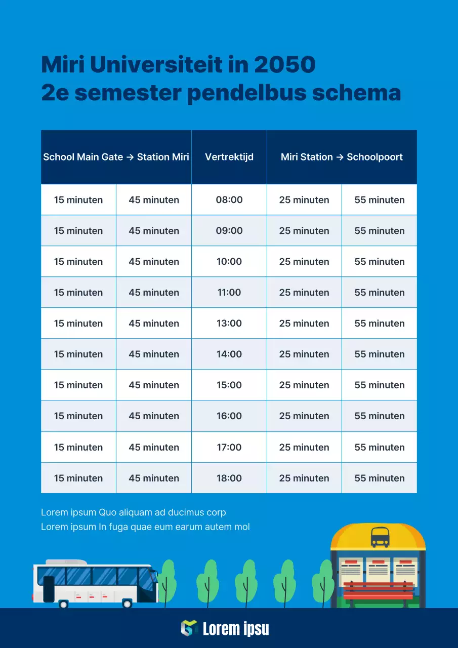 Eenvoudige dienstregeling blauwe pendelbus