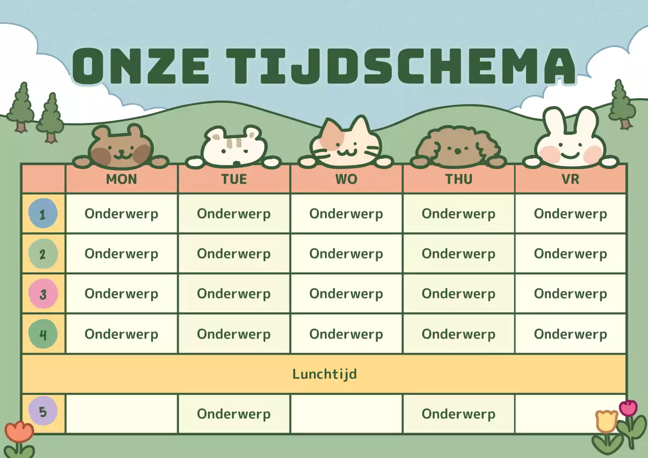 Dienstregeling met leuke illustraties in lichtblauw en groen