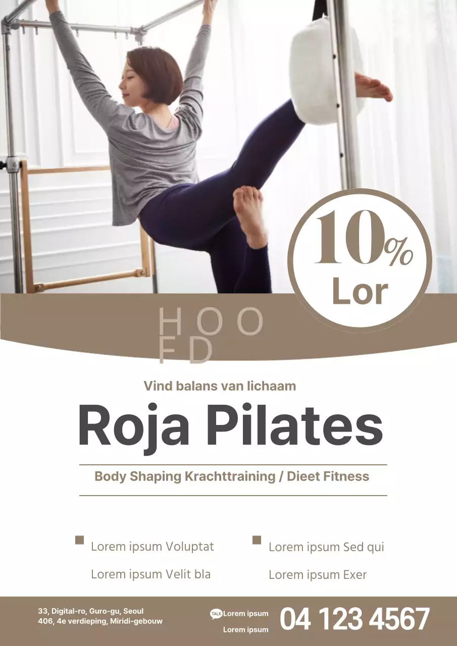 Keurig promotiemateriaal voor school met een foto van jou terwijl je Pilates doet op een beige machine.