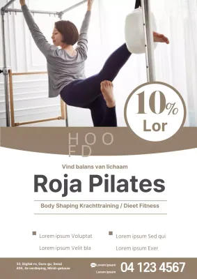 Keurig promotiemateriaal voor school met een foto van jou terwijl je Pilates doet op een beige machine.