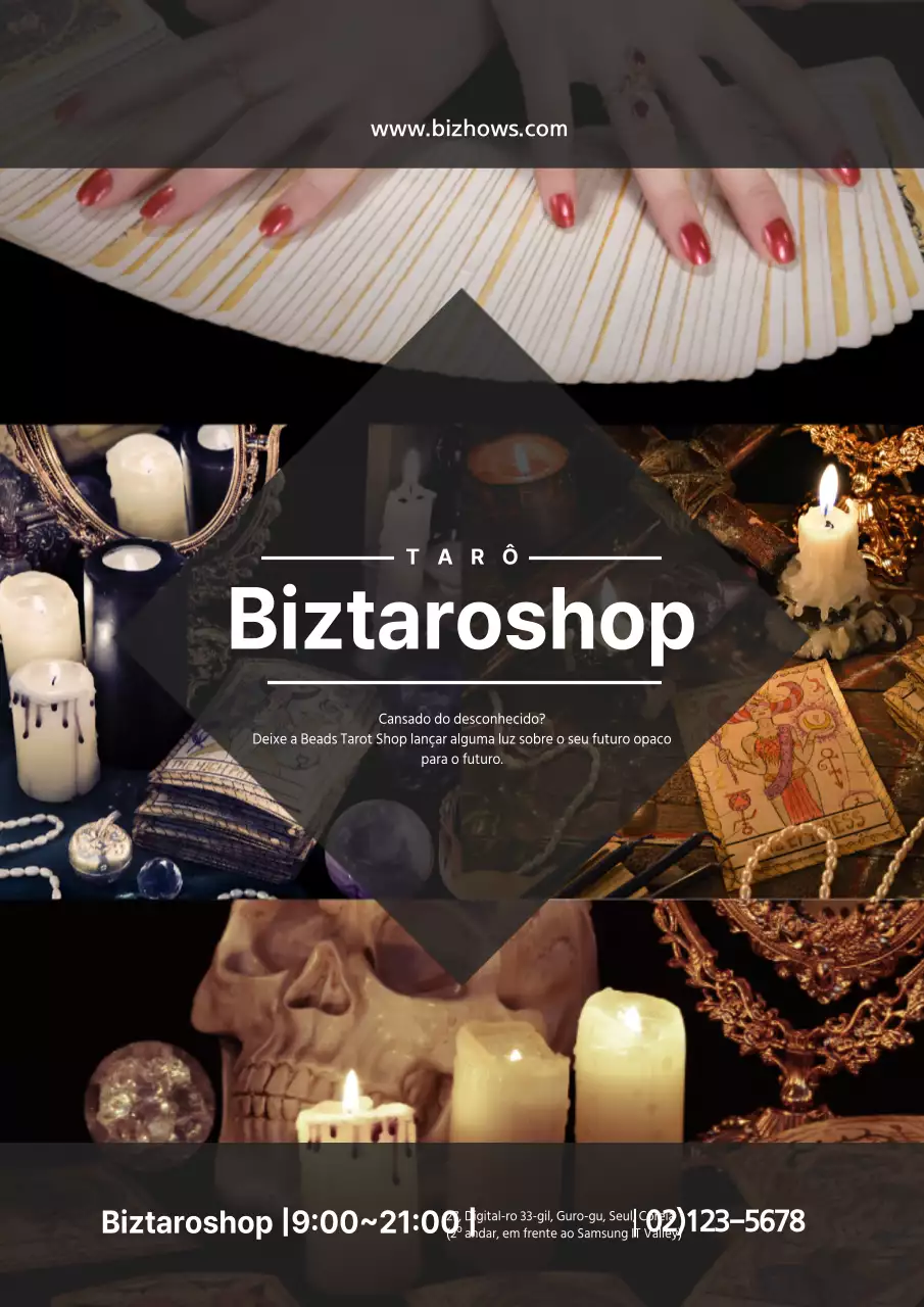 Folheto promocional do leitor de cartas de tarot em preto com destaque para a fotografia