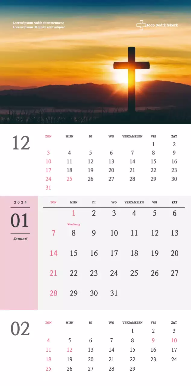 Eenvoudig concept kerkelijke muurkalender in zwart-wit met emotionele religieuze foto's