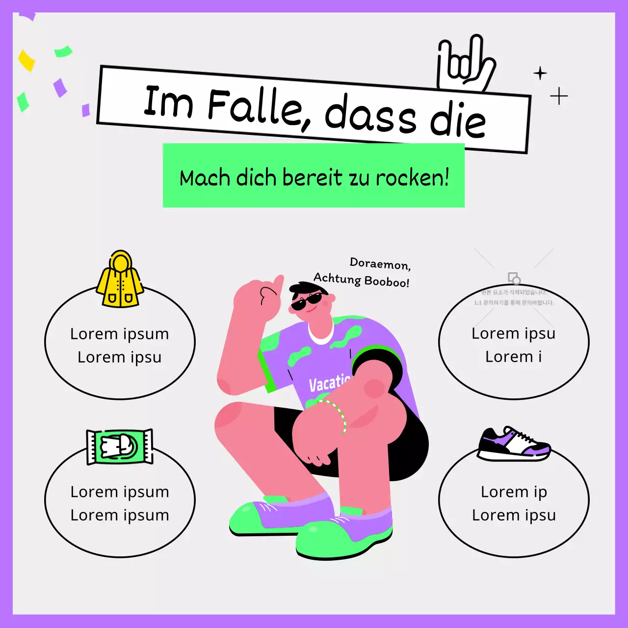 Sommerfestival-Rockband-Festivalführer mit klobigen, niedlichen und einzigartigen Illustrationen in Lila und fluoreszierendem Chartreuse.